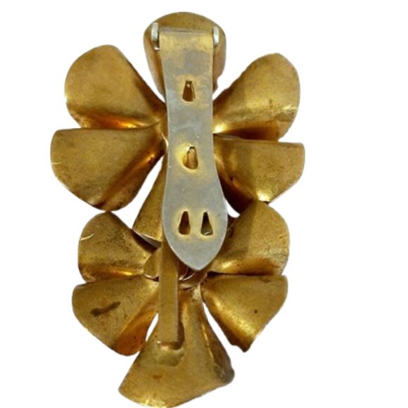 1930s Deco True Vintage Large Brass Gold Flower Dress Fur Clip Pin With Pearls - Picture 3 of 4